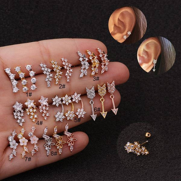 

1pc 20g 3a flower star long zircon sur designs rose gold silver color cartilage earring cz ear tragus daith piercing earring, Golden;silver