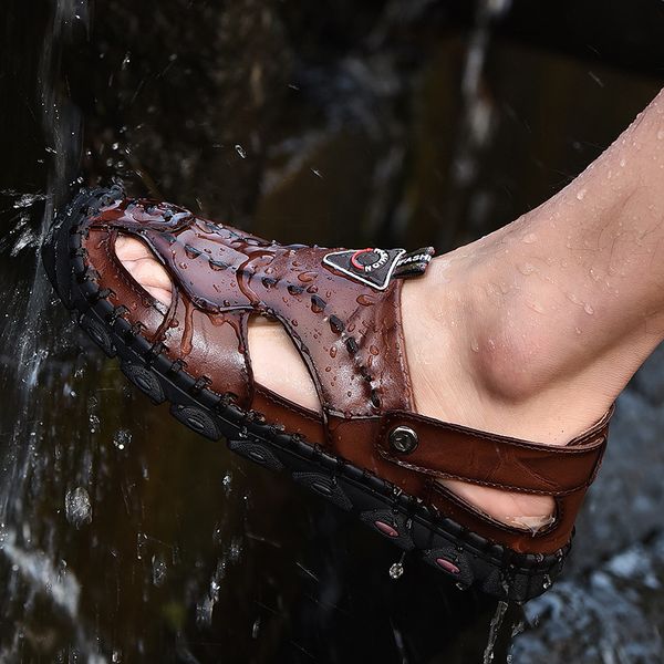 

fashion casual genuine leather mens sandals summer beach basic flat shoes elastic band sandalia solidbhombre, Black