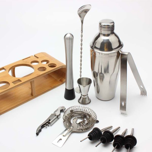 

12pcs/set stainless bar cocktail shaker set barware set shaker set with bamboo wooden rack stand ing