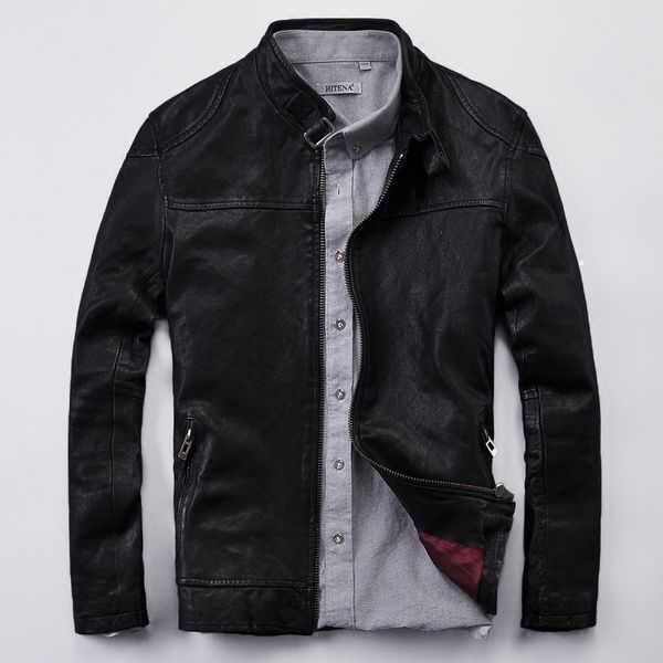 

men's leather & faux skin genuine short sheep slim motorcycle casual jacket male simple autumn coat, Black