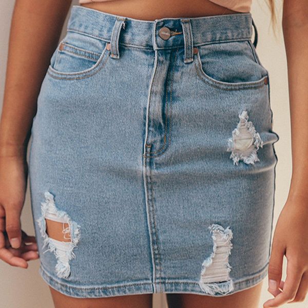 

high waist denim ripped holes bodycon slim pencil mini plus size skirt for women summer skirts womens jupe feminine, Black