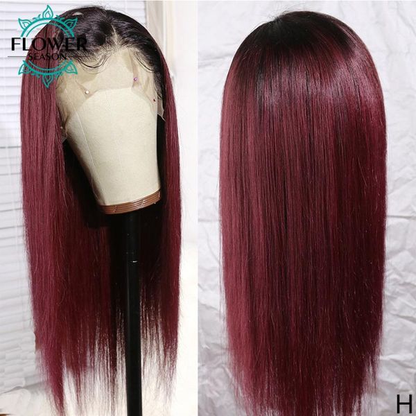 

99j burgundy straight wig ombre lace front human hair wigs 13*6 red lace wig 130 density bleached knots flowerseason, Black;brown