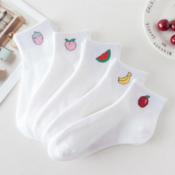 

cute cartoon fruit print avocado banana cherry peach girls kawaii socks meias korean harajuku breathable pile heap funny socks, Black;white