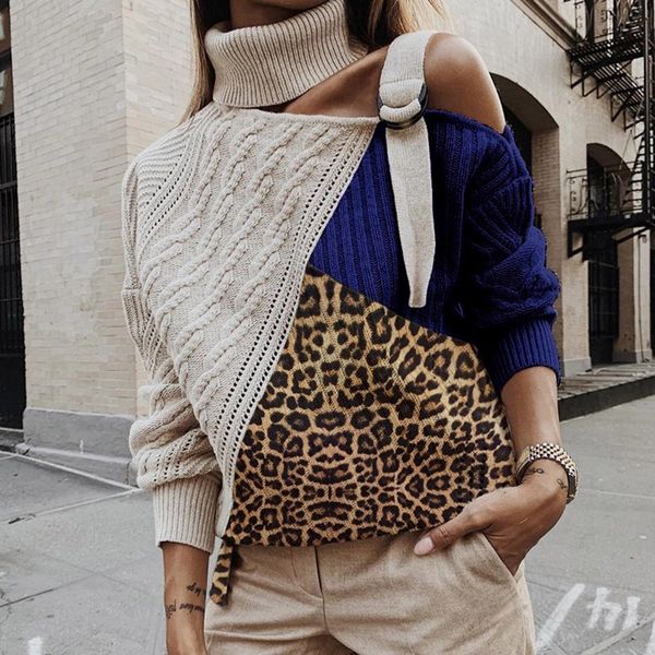 

women's leopard stripe sweater oversized high neckline slim winter for women sweater knitted pullovers jumper 2019, White;black