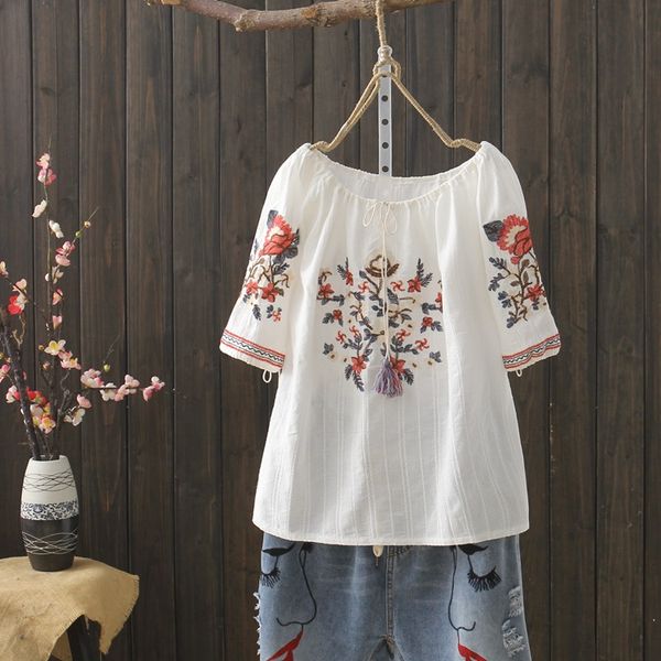 

kyqiao women ethnic shirt blouses woman summer japanese style bohemian embroidery shirt 2019 blusas mulher elegantes, White