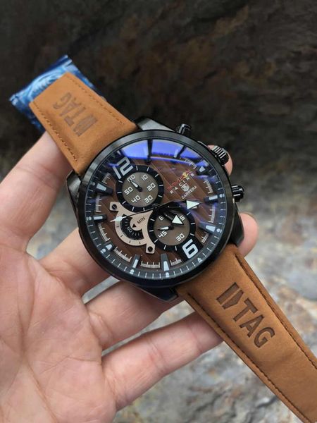 

new luxury mens watches black steel case leather strap f1 racing watch sport quartz multifunctional chronograph calendar wristwatches montre, Slivery;brown