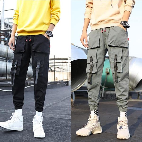 

men solid color ankle banded pockets streetwear long sweatpants cargo loose trousers, Black