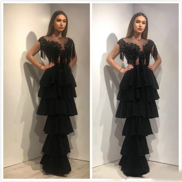 

aso ebi 2020 arabic black evening dresses sheer neck lace beading prom dresses a-line formal party bridesmaid pageant gowns, Black;red