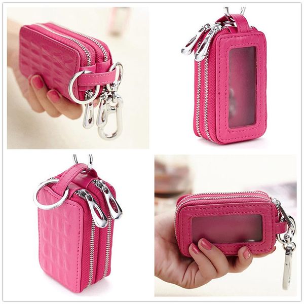 

wholesale carkey double zippers women men's multi-functionl genuine leather bag key holder keyrings change coin purse wallet v6