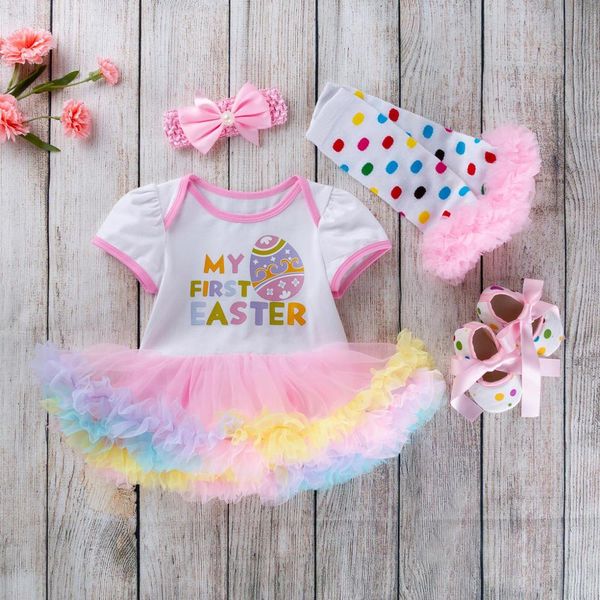 

4pcs newborn baby girls princess easter eggs letter print tutu dress outfits set kids clothes girls outfits conjunto infantil, White