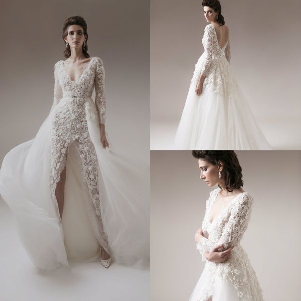 

alfazairy mermaid wedding dresses front split deep v neck long sleeve 3d floral appliques lace wedding dress detachable skirt, White