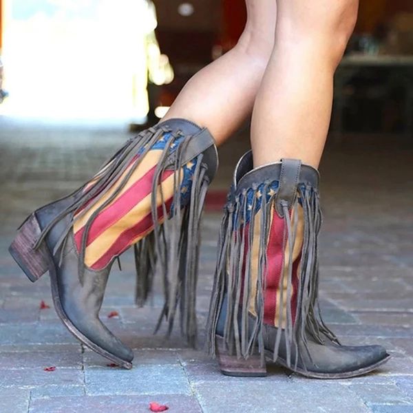 

women boots bohemian boho heel boot tassel fringe faux suede leather mid-calf boots shoes woman low heel shoes botas mujer, Black