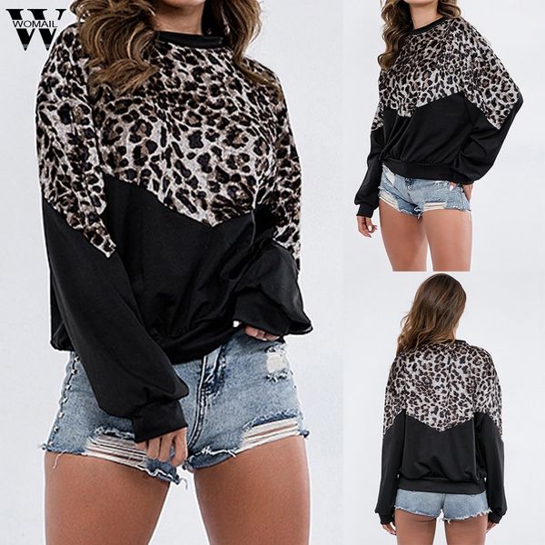 

womail толстовка женщины осень леопардовый принт с длинным рукавом о-образным вырезом толстовка повседневная новая мода контрастный цвет пул, Black