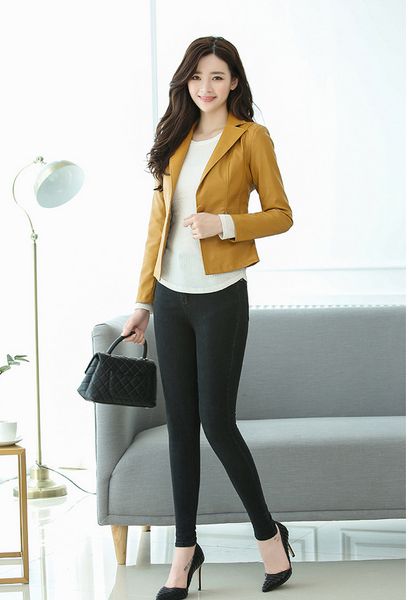 

single button women's pu jackets simple punk motorcycle biker striped spliced woman's faux fur leather slim short coats yl004, Black