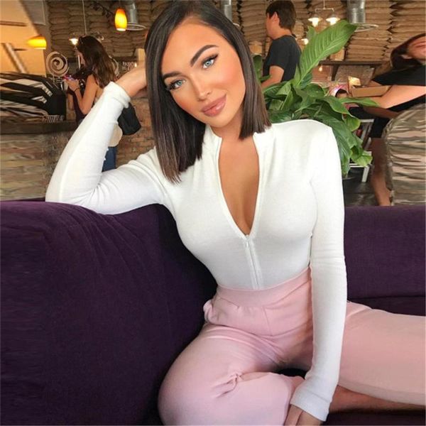 

casual slim skinny bodycon bodysuits fashion long sleeve rompers women jumpsuit deep v-neck solid bodysuits, Black;white