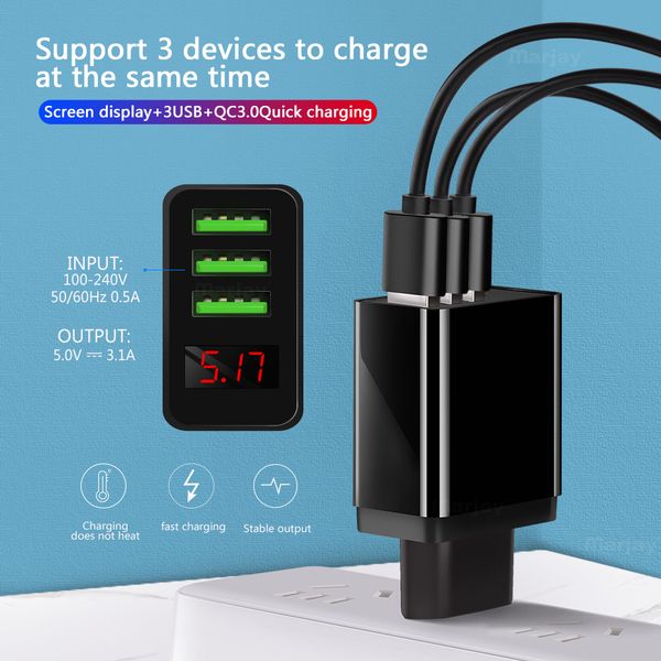 

3 ports usb charger eu us plug led display 3.1a fast charging smart mobile phone charger for iphone samsung xiaomi tablet