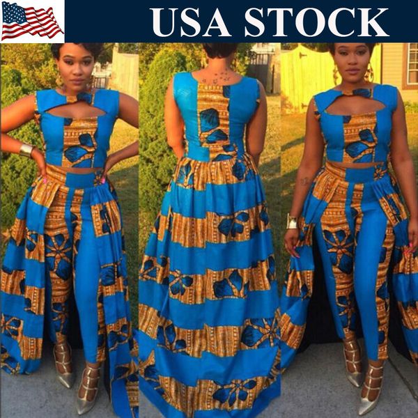 

USA STOCKS Two Piece Dress Set Traditional African Dashiki Sleeveless Vest tops Skinny Pants Cocktail Party Evening Maxi Dresses Clubwear