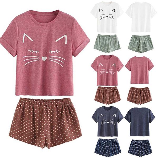

klv 2019 women's casual cat shorts short sleeve ruffled t-shirt sleepwear nightwear set mr 1.25, Blue;gray