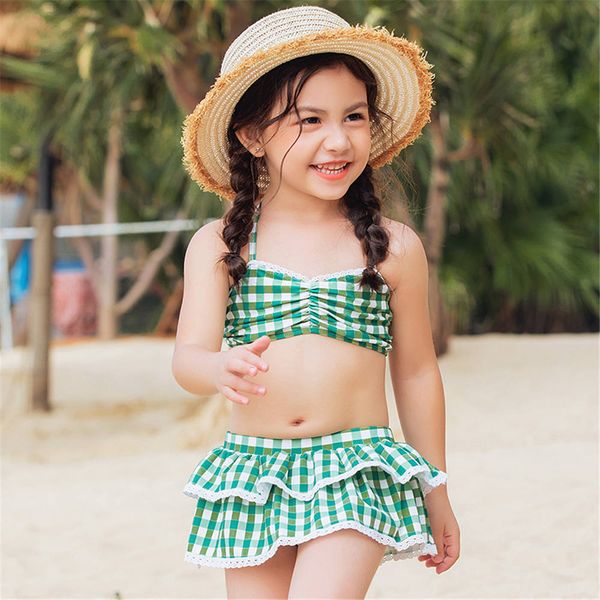 

skirt bikini girls plaid print swimwear children ruffle swimsuit kids lace two piece swim suit child cute green bathing suit bow