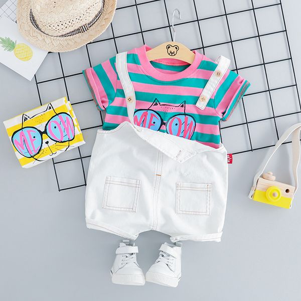 

baby boys girls summer clothes short sleeve toddler baby kids boys girls stripe cat overall pants casual outfits set, White