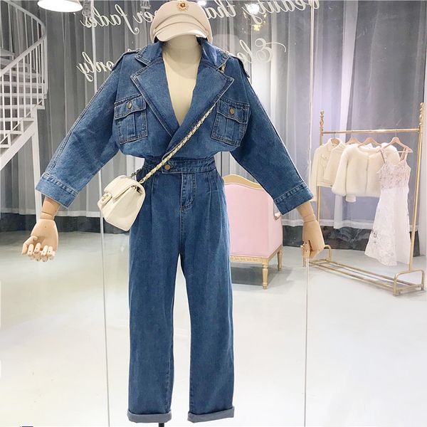 

2019 spring new restoration long sleeve high waist turn down collar pockets jeans jumpsuits women's long denim pants, Black;white