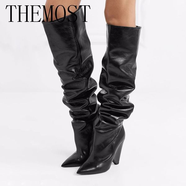 

themost 2018 roman style fashion ladies new fold knee boots with pointed leather knight boots, Black