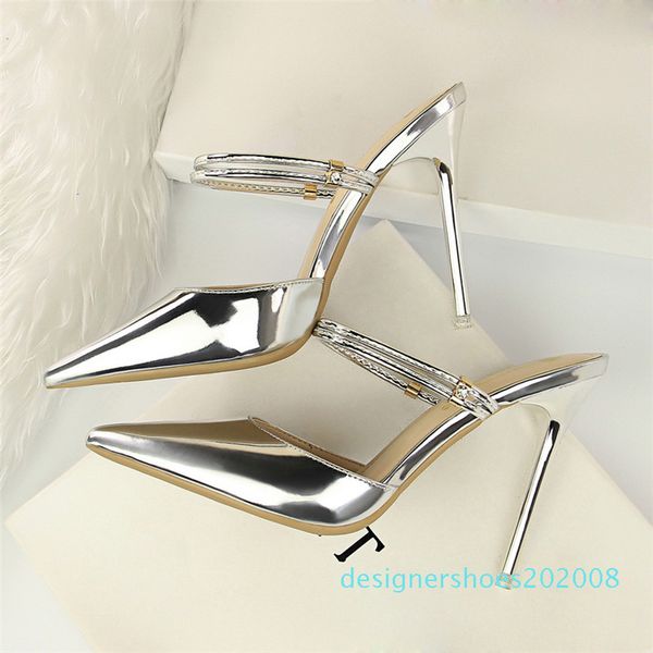 

summer women fashion high heels slides female pointed toe gold mule slippers lady casual scarpins sandals shoes d08, Black