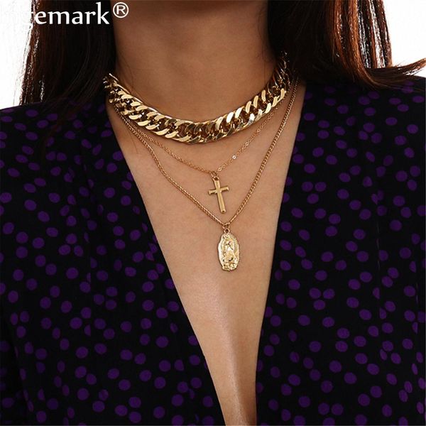 

gothic vintage multi layer iron cross pendant choker necklace steampunk virgin mary thick snake chain necklace couple jewelry, Silver