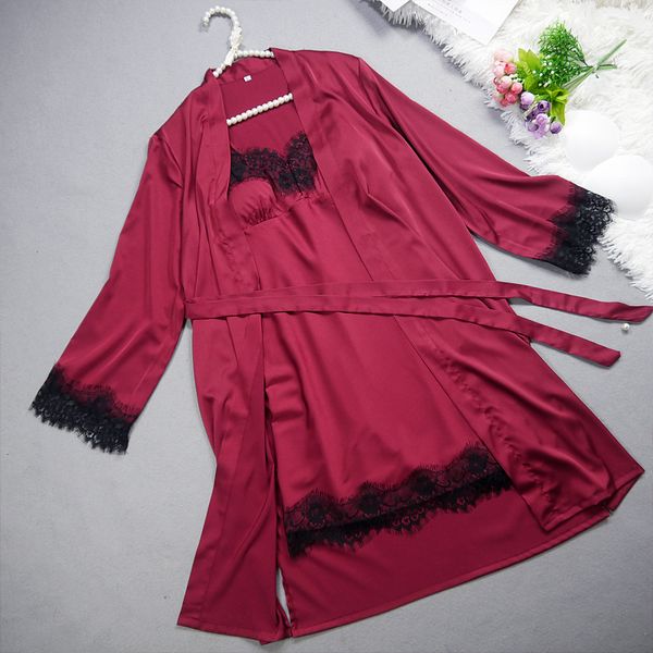 

pigiama women sleepwear two piece set silk pajamas chest pad nightwear robe gown set homewear women lingerie 2019 summer, Black;red