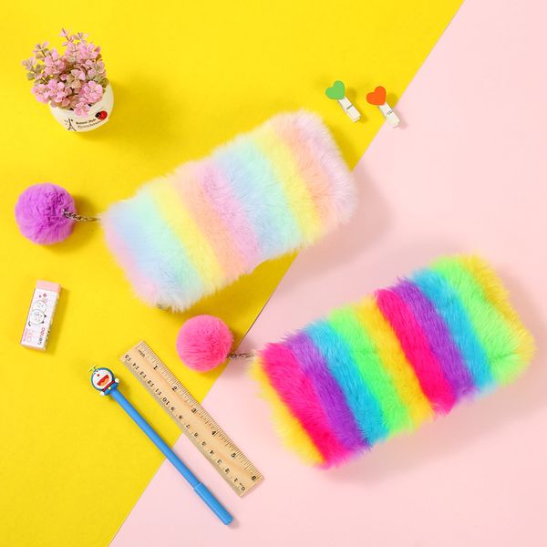 

rainbow plush sequins pencil case stationery storage organizer bag school office supply escolar