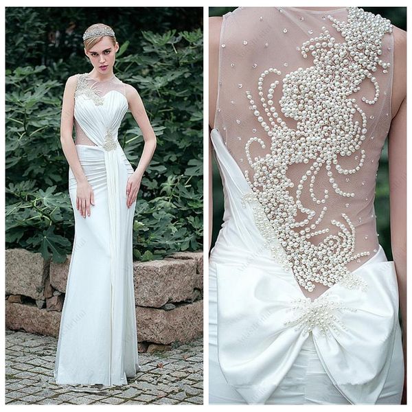 

2019 sheer jewel long mermaid slim wedding dresses beaded pearls long bridal gowns sleeveless pleated ruched formal vestidos de marriage, White