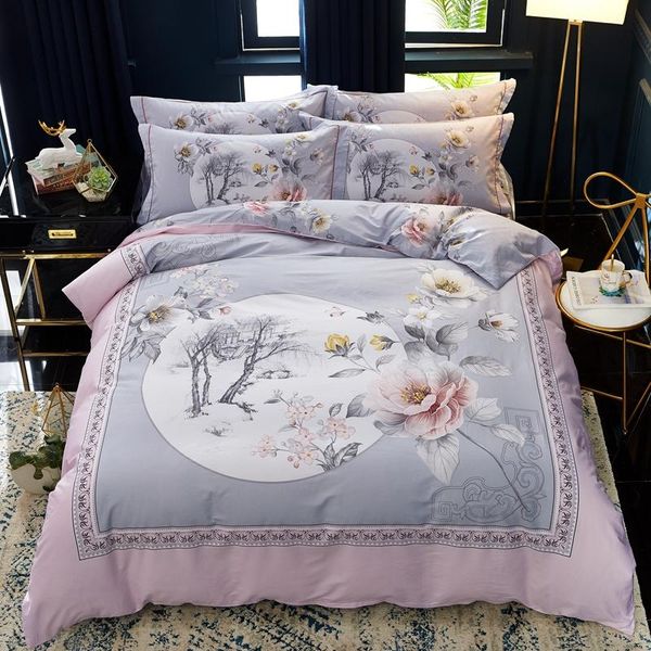 Classic Bedding Set 4 Size Grey Blue Flower Bed Linens Duvet Cover