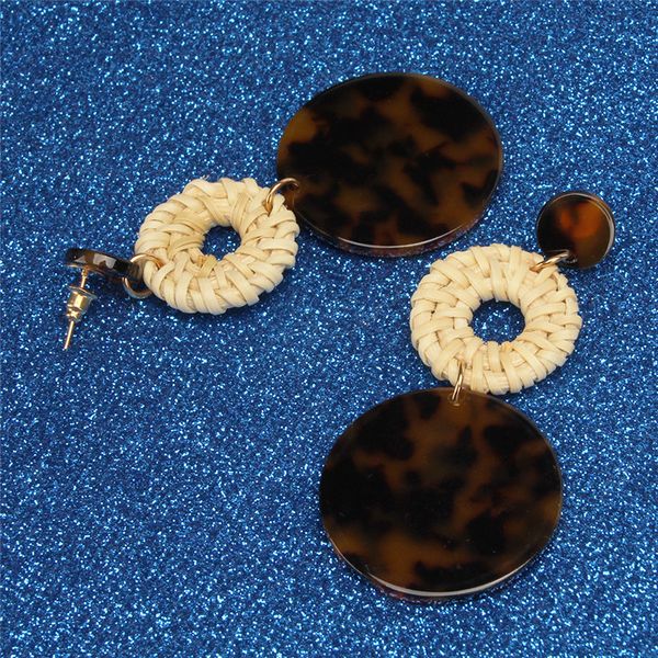 

individual leopard pattern handmade rattan staple creative round acetic acid plate ear pendant, Golden;silver