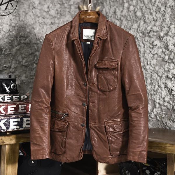 

suit men's brown vintage wrinkle sheepskin smart casual blazer men slim fit short pockets genuine leather jacket male, Black