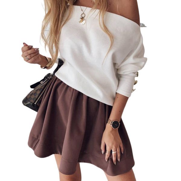 

women's fashion one shoulder knit solid color long-sleeved t-shirt buttons tees, White;black