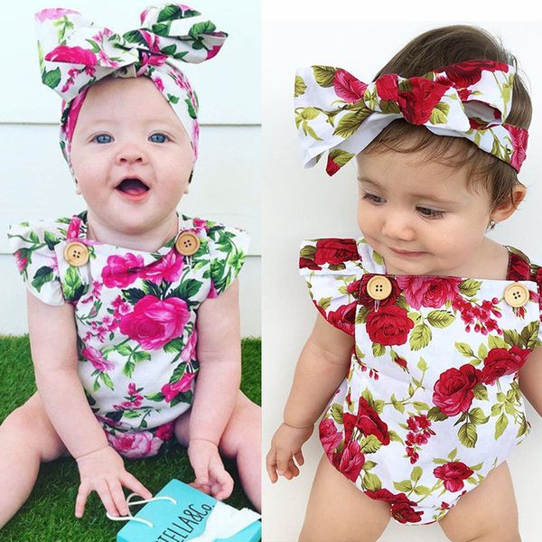 

2019 new baby flowers rompers summer 5 colors jumpsuits ins kids flying sleeves climbing clothing with floral printing headband hot, Blue