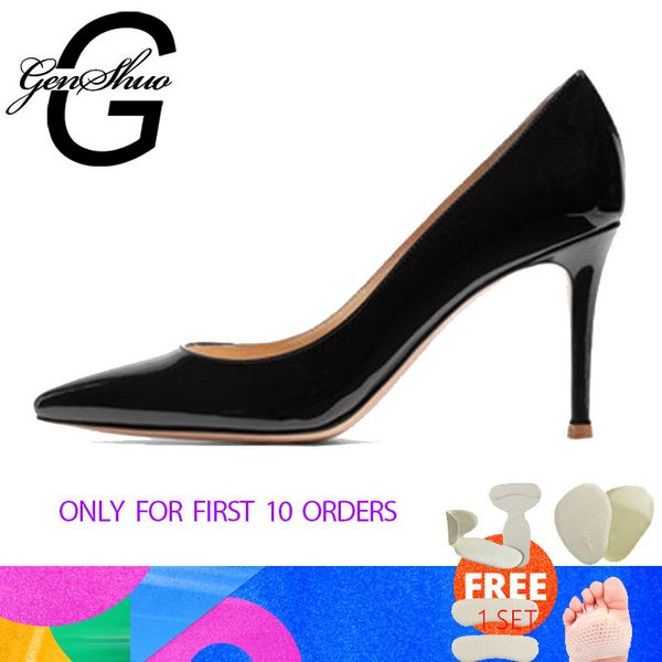 

genshuo 2020 new women pumps 8cm high thin heels pointed toe solid shallow ladies women shoes black female high heels pumps