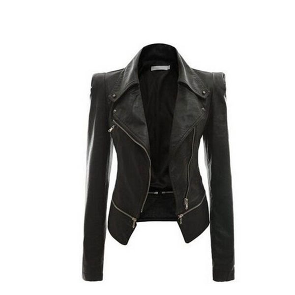 

autumn and winter motorcycle women jacket coat outerwear zipper pu faux leather jackets, Black