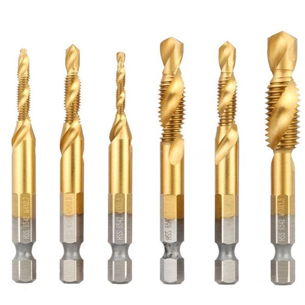 

6 pcs/set hss 6542 titanium coated drill bits hex shank spiral tap m3-m10