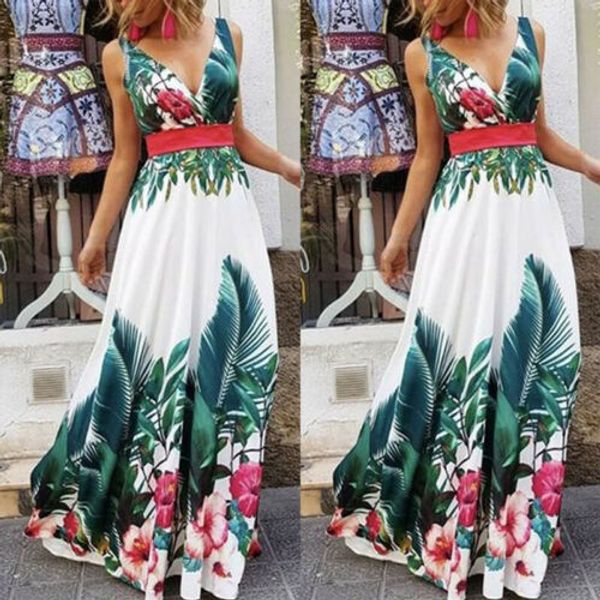 

lady summer holiday floral beach boho maxi v neck print dress evening party sundress, Black;gray