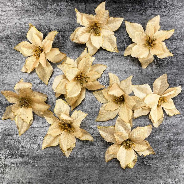 

10pcs artificial flowers for christmas tree decorations diy accessories gold side xmas tree decoration wedding party ornament