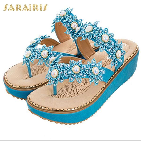 

sarairis 2020 new fashion women slides wedges platform flower summer outside women slippers, Black