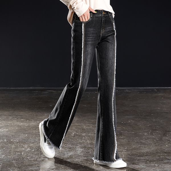 

women flared wide leg jeans stripe front high waist long pants ing, Blue