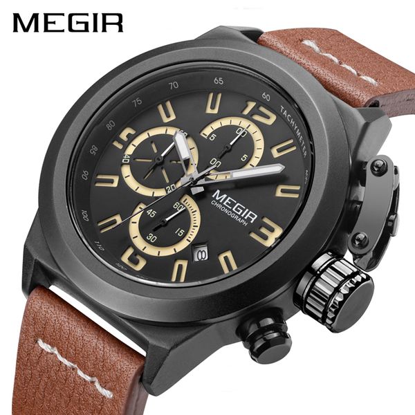 

megir new fashion mens watches with stainless steel sports chronograph quartz watch men relogio masculino, Slivery;brown