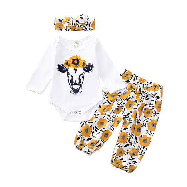 

autumn baby girl long sleeve romper floral trousers headband outfits clothes, White