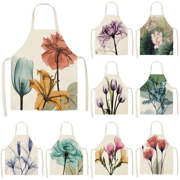 

1pcs cotton linen flower lotus pattern women apron for home decorative kitchen restaurant cooking bib aprons 53*65cm wq0006