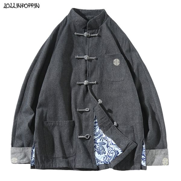 

men's jackets chinese style embroidery pattern men denim jacket closure single breasted stand collar mens retro jean, Black;brown