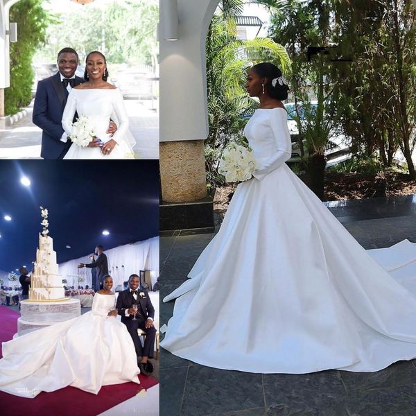 

2019 winter modest design ling sleeve wedding dress off shoulder a line court train satin muslim bridal gowns custom size, White