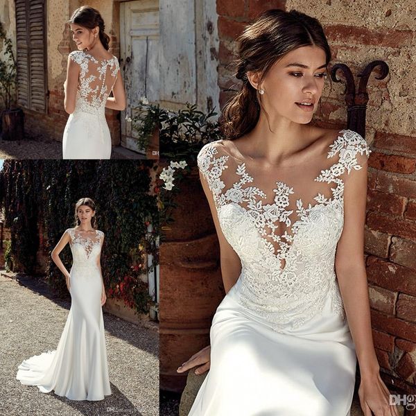 

Scoop neck atin mermaid bohemia wedding dre e 2020 cap leeve tulle lace applique plu ize wedding bridal gown robe de mariÃ©e, White