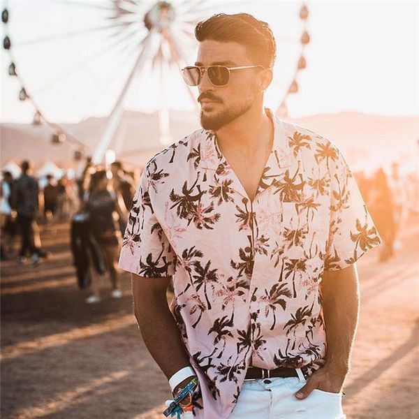 

2020 summer mens holiday style short sleeve shirts coconut tree printing hawaiian beach casual men shirt blouse loose fit, White;black